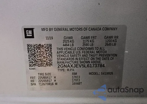 2020 Chevrolet Equinox Lt из США, поврежденный, VIN 2GNAXJEV5L6173784